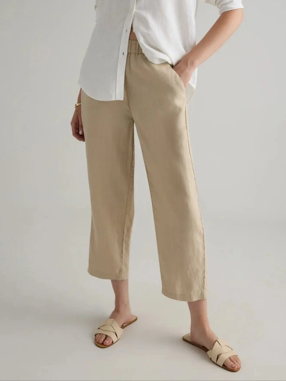 Quince 100% European Linen Cropped Wide Leg Pants Driftwood Tan XL